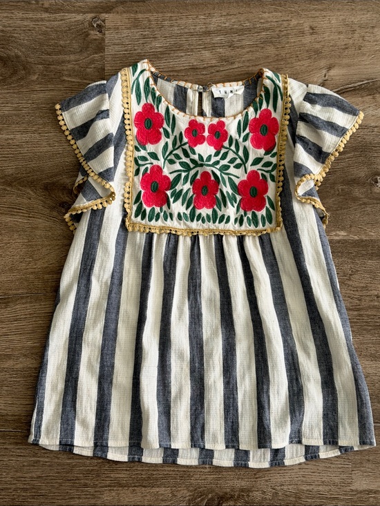 THML Tops - THML White and Navy Striped Embroidered Floral Yoke Blouse